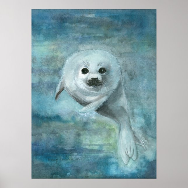 Póster de arte en acuarela de foca arpista (Frente)