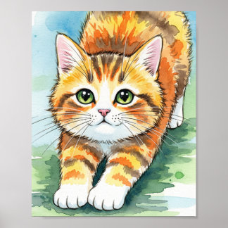 Póster de arte en acuarela de gatito atigrado nara