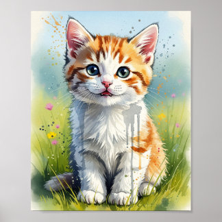 Póster de arte en acuarela de gatito atigrado nara