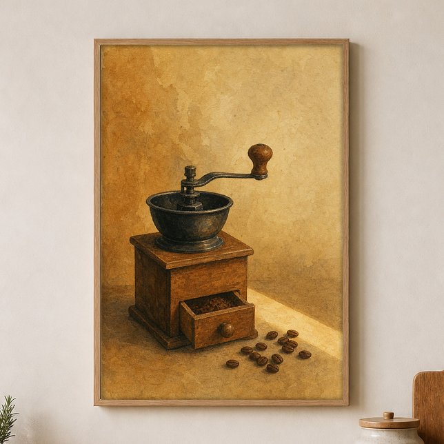 Póster de arte en acuarela de molinillo de café Co (Shown framed for scale. Poster ships unframed; frames are an optional add-on.)