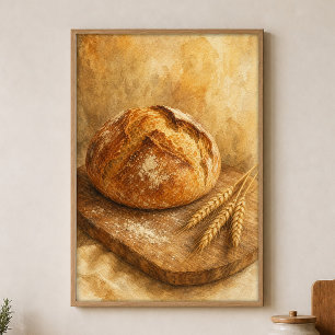 Póster de arte en acuarela de pan y trigo Cottagec