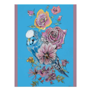 Póster de arte en acuarela pastel de periquito azu