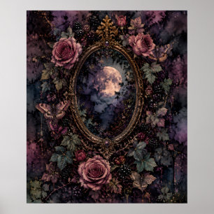 Póster de Arte Fino Espejo Lunar Gótico Floral Osc