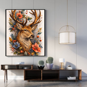 Póster de Arte Floral de Ciervo Majestuoso Ilustra