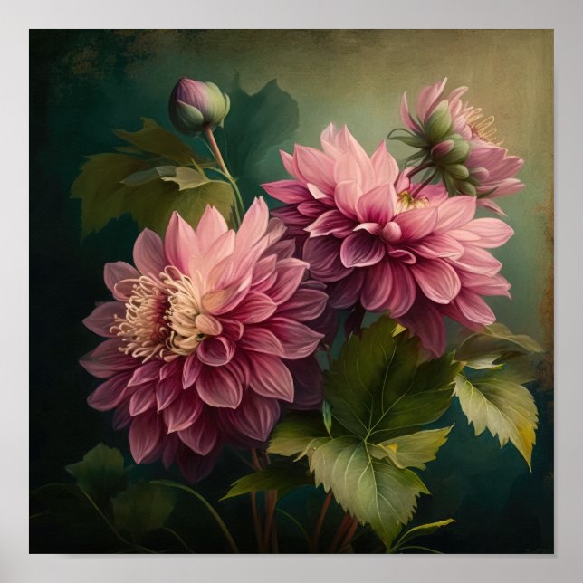 Póster de Arte Floral de Dahlias Rosas (Frente)