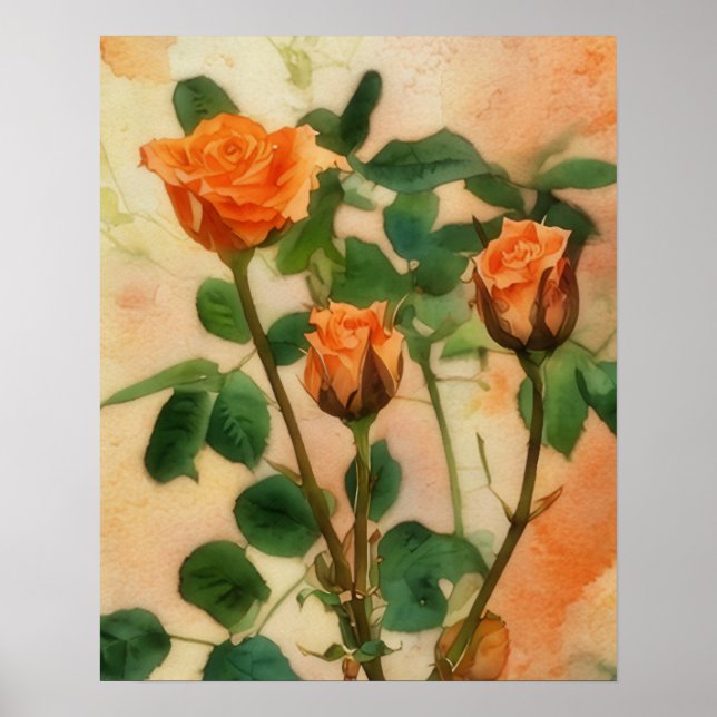 Poster de Arte Floral de tres Rosas Naranjas (Frente)