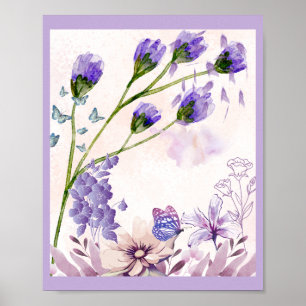 Póster de arte floral púrpura Flores y mariposas