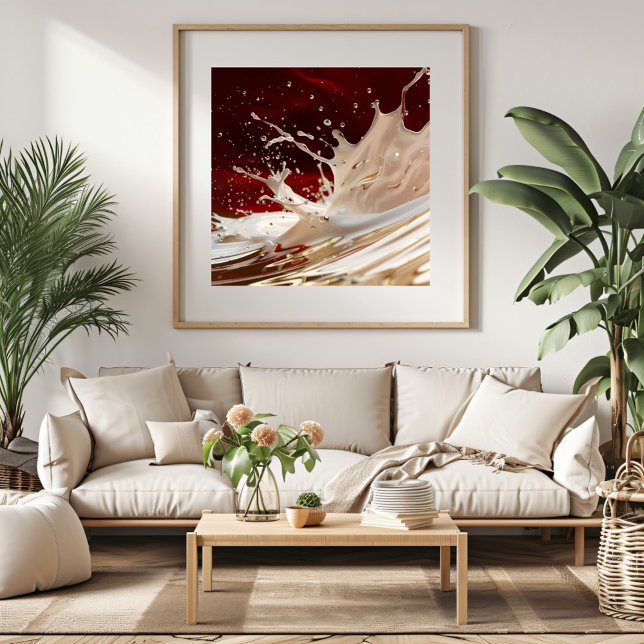 Póster de Arte Fluido con Salpicaduras de Crema y  (Add a bold statement to your home with this stunning red and beige abstract artwork.)