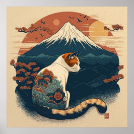 Poster de arte gato al estilo japonés - rojo y azu