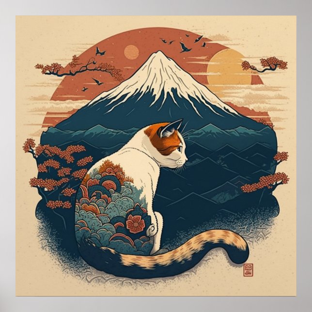 Poster de arte gato al estilo japonés - rojo y azu (Frente)