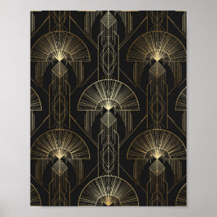 Póster de arte geométrico Art Déco en negro y dora