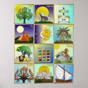 Póster de arte judaico de las 12 tribus de Israel
