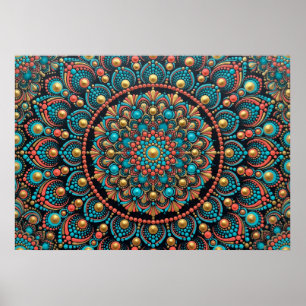 Póster de Arte Mandala de Puntos Coral Teal Dorado