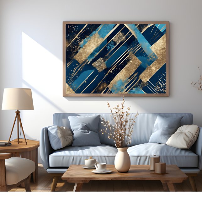 Póster de arte moderno elegante con brillo azul y  (Blue And Gold Glitter Elegant Modern Art Poster)