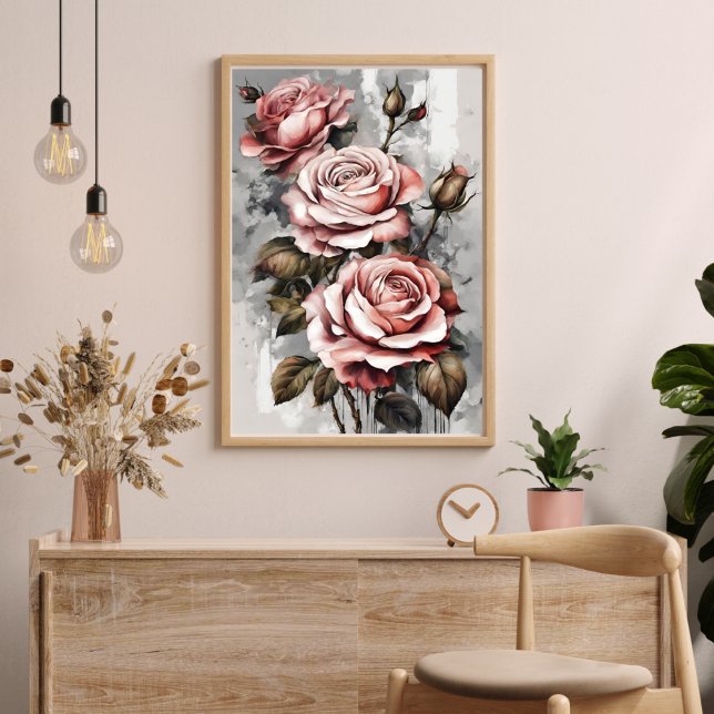Poster de arte moderno floral de tres rosas rosas  (Three Pink Roses Floral Modern Art Poster)