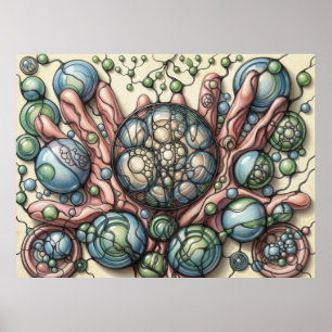Póster de Arte Neurográfico Flor Esferas Verde Azu