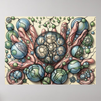 Póster de Arte Neurográfico Flor Esferas Verde Azu