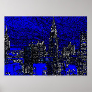Poster de arte nocturno de la ciudad azul de Nueva