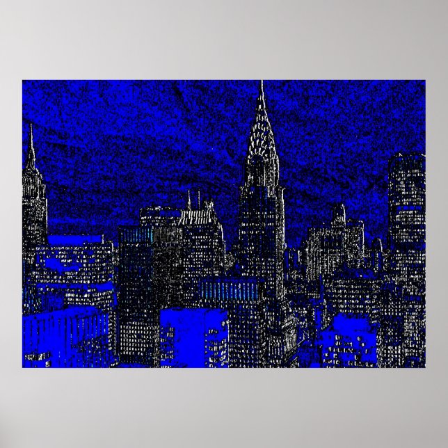 Poster de arte nocturno de la ciudad azul de Nueva (Frente)