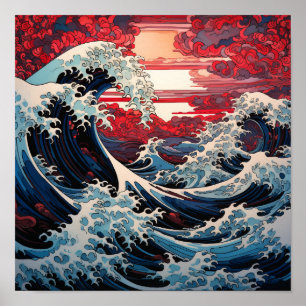 Poster de arte ondulado japonés - Olas oceánicas s