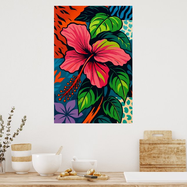 Poster de arte pop de flores rosadas en Hibiscus (Cocina)