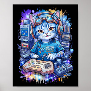 Póster de arte pop de gatito gamer neón retro