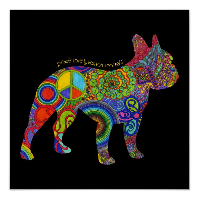 poster de arte pop "Peace Love & Boston Terriers" (Anverso)