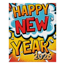 Póster de arte pop vintage de Feliz Año Nuevo con 