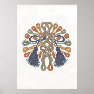 Póster de arte popular con nudo macramé bohemio y 