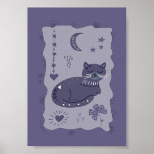 Póster de arte popular de gato nocturno caprichoso