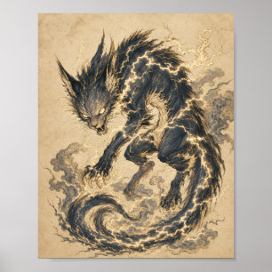 Póster de arte Raiju Gold Tail Yokai japonés