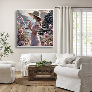 Poster de arte romántico de mujer hermosa en veran