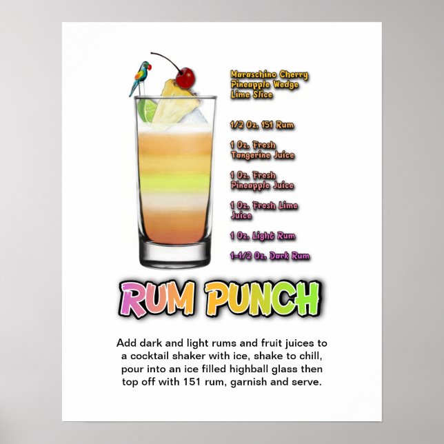 POSTER de arte RUM PUNCH Cocktail Receta 16" x 20" (Frente)