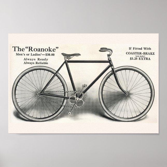 poster de Arte y Bicicleta Roanoke de época 1913 (Frente)