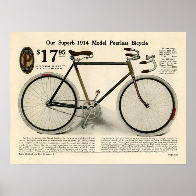 poster de Arte y Bicicleta sin Peerless de 1914 (Frente)
