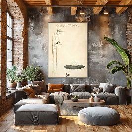 Póster de arte zen de bambú y loto sereno