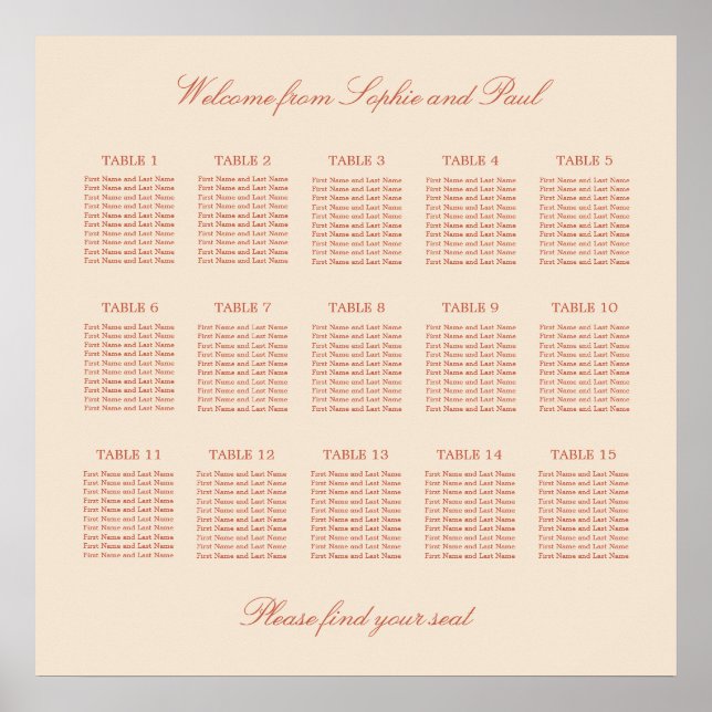 Póster de Asientos de Boda de Mesa 15 Escritura Te (Frente)