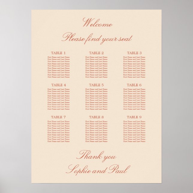 Póster de Asientos de Boda de Mesa Terracotta Scri (Frente)