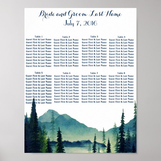 Póster de Asientos para Mesa de Boda en Camping (Frente)
