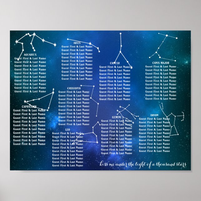 Póster de Asientos para Mesa de Boda Noche Estrell (Frente)