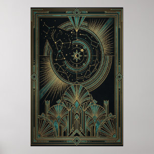 Póster de Astrolabio Celeste Art Déco   Dorado Ver