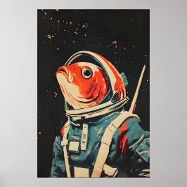 Póster de astronauta de pez, impresión retro de pe