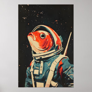 Póster de astronauta de pez, impresión retro de pe