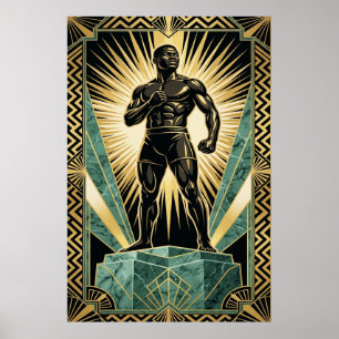 Póster de atleta boxeador campeón Art Déco dorado 