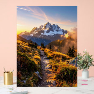 Póster de aventura en la montaña al amanecer