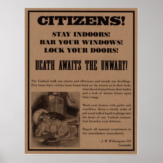 Poster de Aviso de Vampiros. Decoración de fiesta  (Frente)