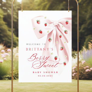 Póster de Baby Shower de Fresa con Lazo Rosa