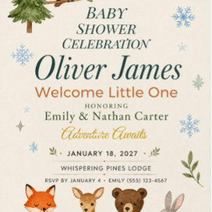 Póster de baby shower en el bosque