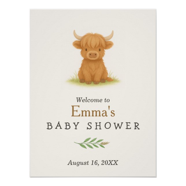 Poster de Baby Shower Highland Cow (Anverso)