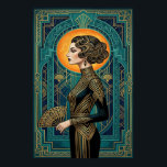 Póster de bailarina de perfil Art Deco con abanico<br><div class="desc">Captura la elegante fluidez de una actuación de cabaret de los años 20 con esta impresionante silueta Art Deco. Con una elegante bailarina de perfil sosteniendo un abanico, situada contra un radiante sol dorado y una arquitectura geométrica de azul turquesa profundo. La composición está enmarcada por patrones intrincados, lo que...</div>